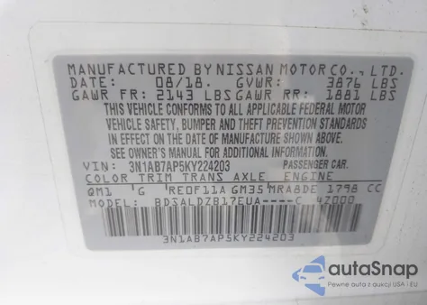 2019 Nissan Sentra Sv z USA, uszkodzony, nr VIN 3N1AB7AP5KY224203